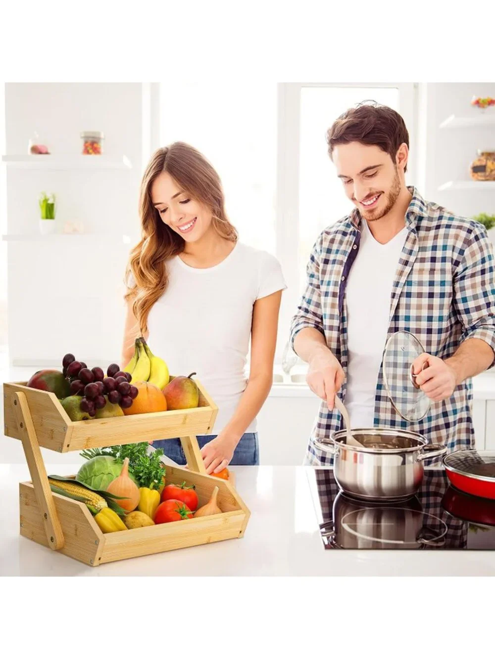 New Large Bamboo 2-Tier Fruit Basket 15 mm Thick Kitchen Counter Bowl Stand